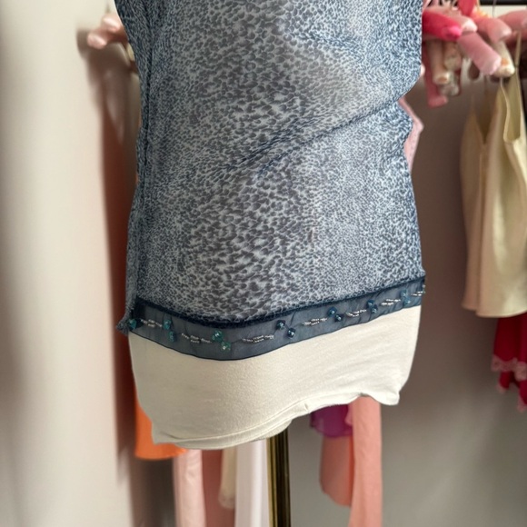 Vintage Y2K Blue Leopard Print Top sheer fairycore sequins beaded XS coquette - Picture 5 of 6